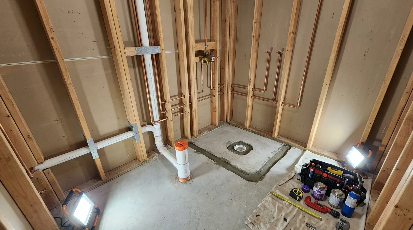Bathroom rough-in plumbing during remodel by Johns Plumbing LLC in Kennebunk