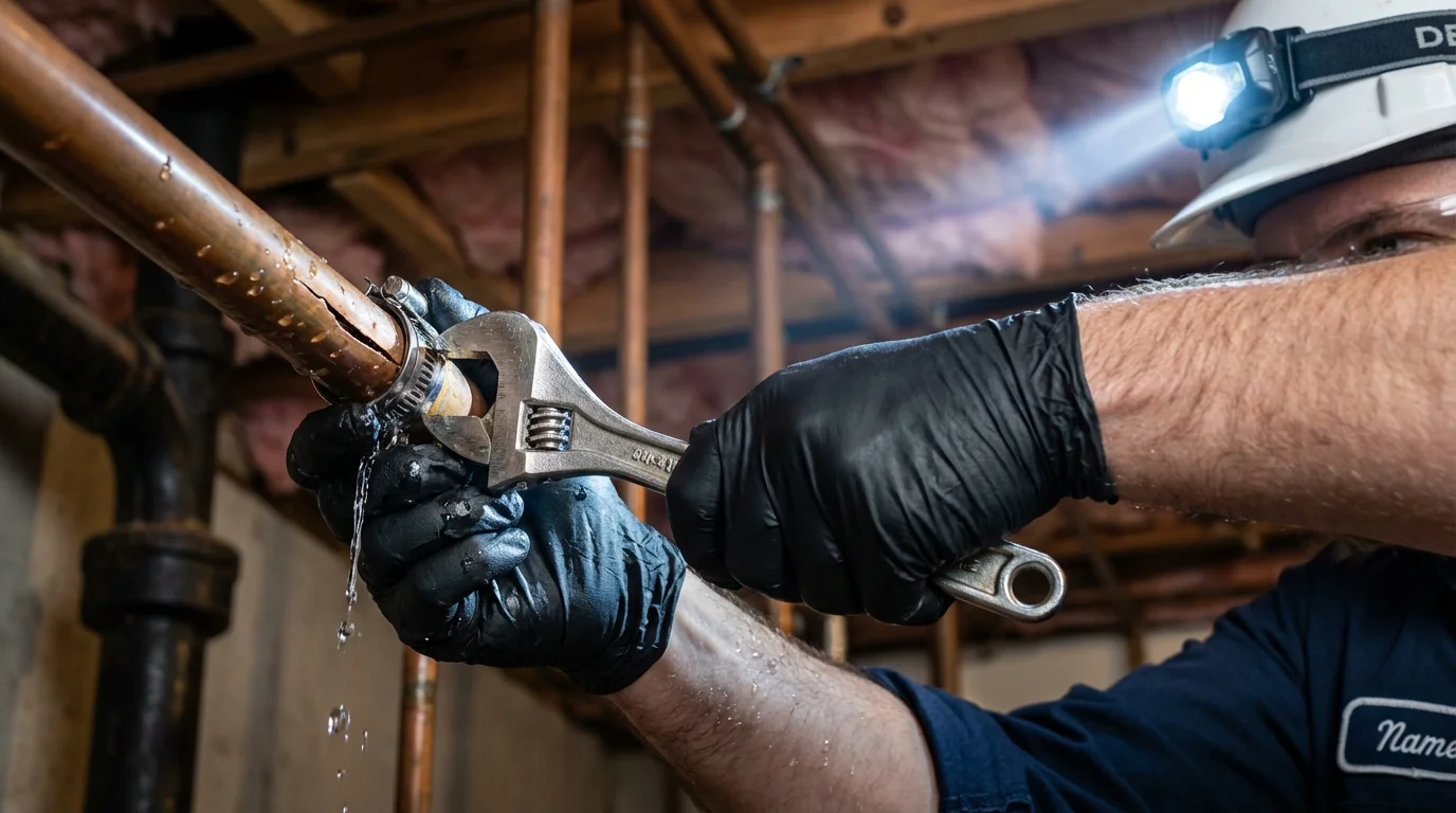 Emergency pipe clamp repair being performed by a Johns Plumbing LLC plumber in Kennebunk