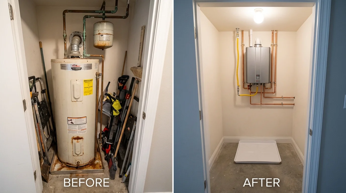 Tank water heater versus wall-mounted tankless unit comparison for Kennebunk, ME homeowners
