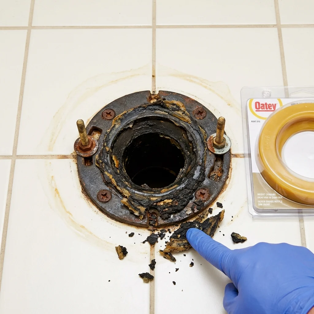 Failed wax ring showing water seepage at the base of a toilet in a Kennebunk, ME home