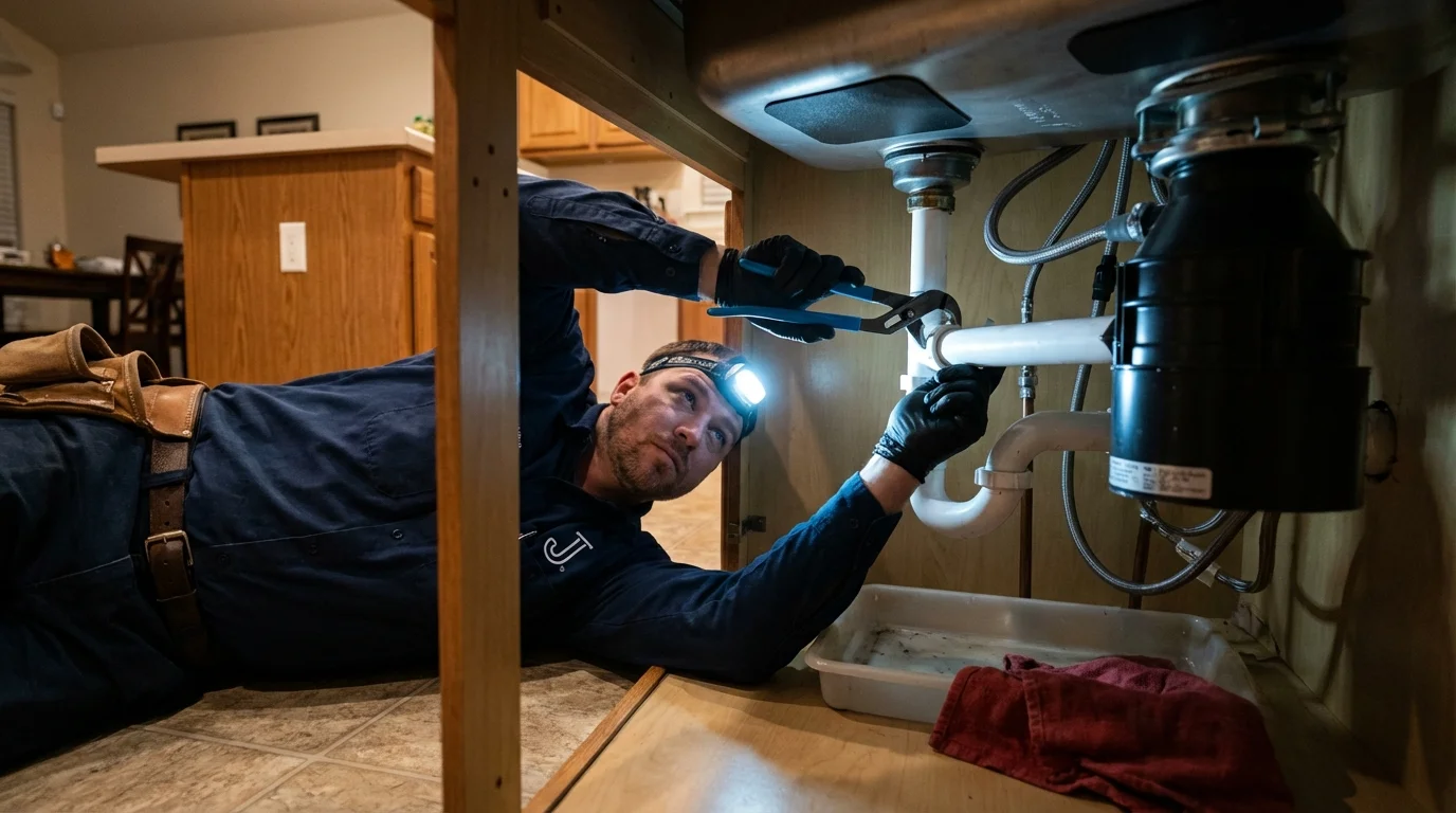 P-trap and supply line connections under a kitchen sink showing a common leak point in Kennebunk, ME